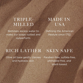 Close-up of Caswell-Massey woodgrain label detail emphasizing premium branding and fragrance identity