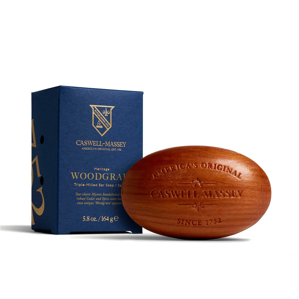 Caswell-Massey front packaging showing woodgrain scent and gift-ready look