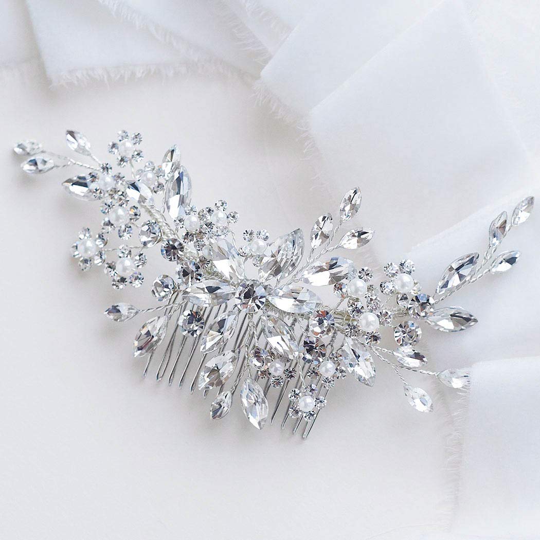 Catery bridal hair comb front view showing silver sparkle and elegant shape
