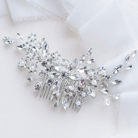 Catery bridal hair comb front view showing silver sparkle and elegant shape