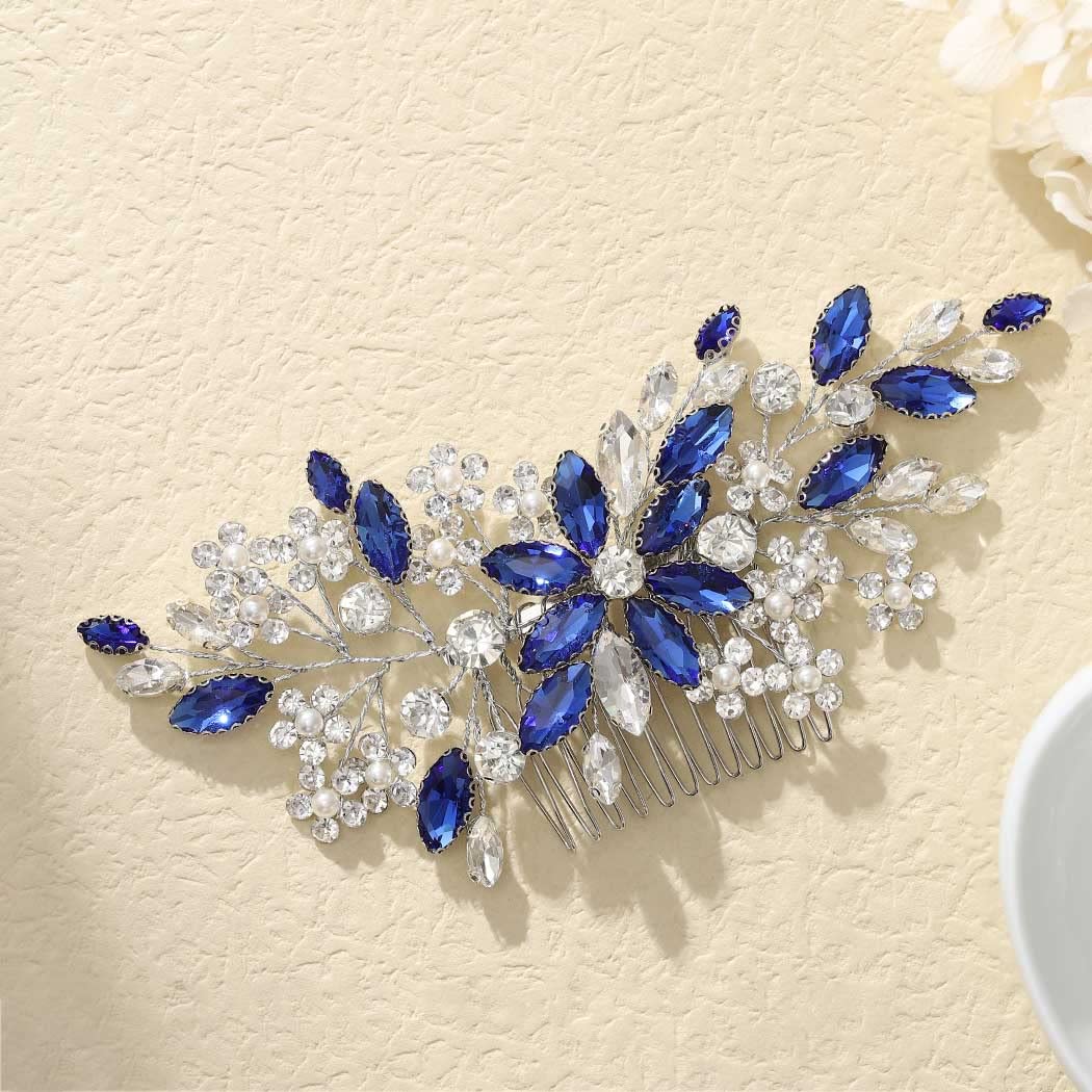 Catery front view of blue rhinestone bridal comb showing sparkly flowers and comb teeth