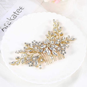 Catery front view of gold flower crystal comb shows elegant bridal sparkle