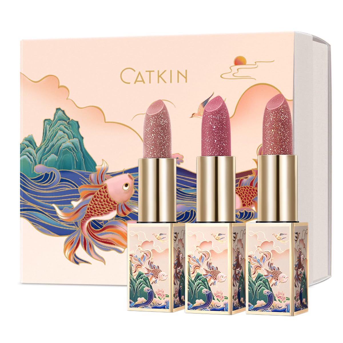 Catkin front packaging showing three tinted lip balms and gift box for quick gifting