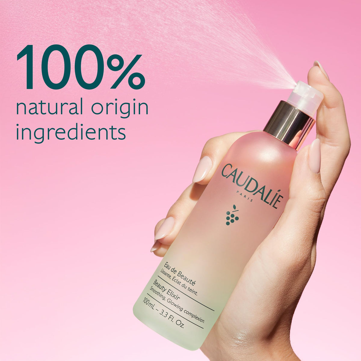 Caudalie Beauty Elixir close-up of bottle top highlighting fine atomizer benefit