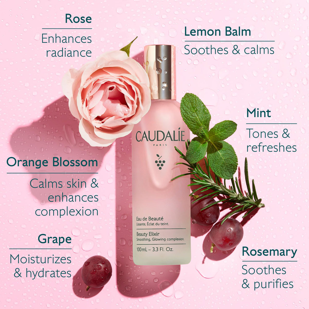 Caudalie Beauty Elixir droplets on skin demonstrating hydrating glow and texture improvement