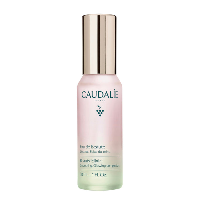 Caudalie Beauty Elixir front view showing compact 30 mL bottle and label benefits