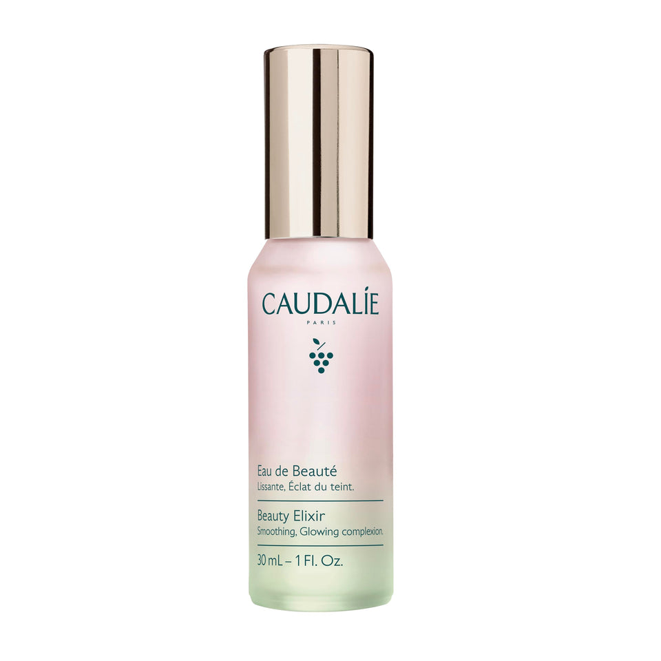 Caudalie Beauty Elixir front view showing compact 30 mL bottle and label benefits