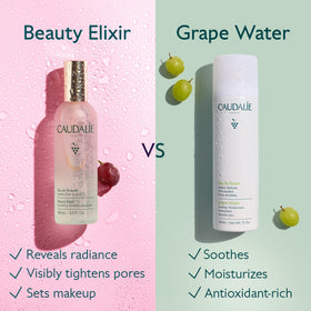 Before and after makeup shots with Caudalie mist creating a dewy finish