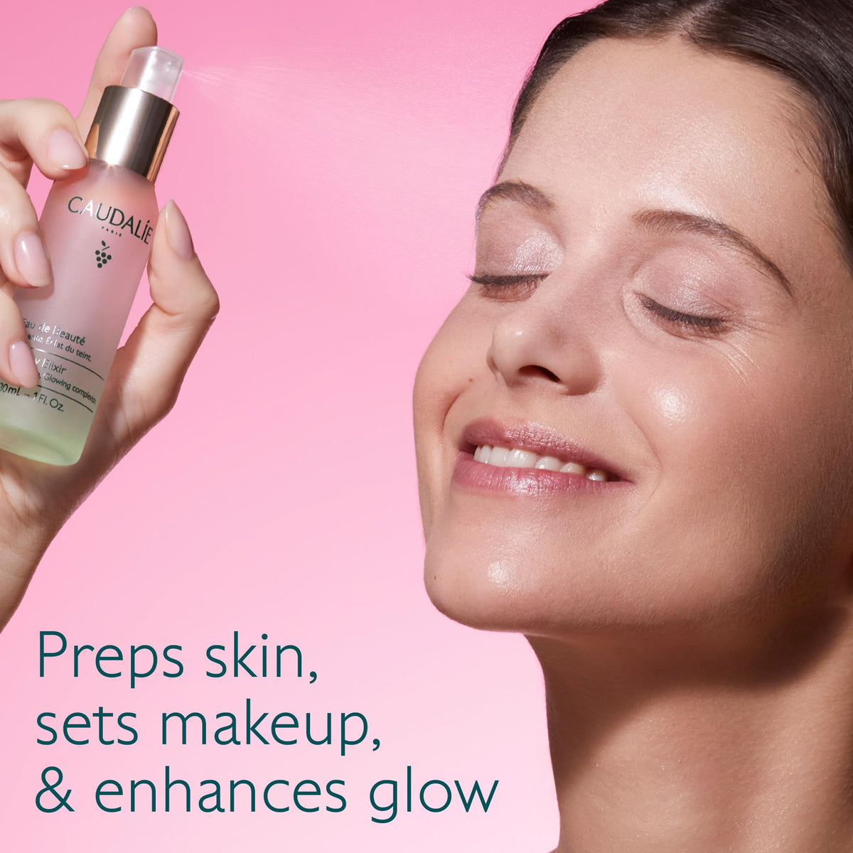 Caudalie Beauty Elixir mist spray in use delivering instant hydration and glow
