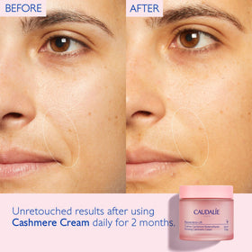 Caudalie open jar revealing cashmere cream texture, shows smooth hydration benefit