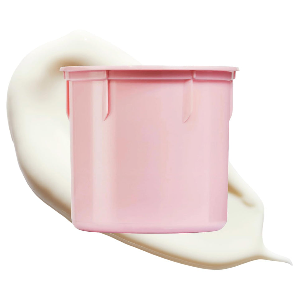 Caudalie jar front view showing sleek glass and label, highlights refillable design