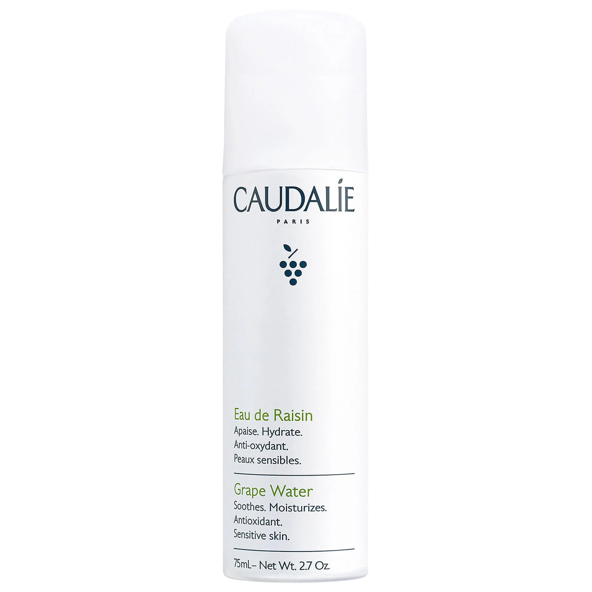 Caudalie bottle front view showing label and 75 mL size for quick identification and use