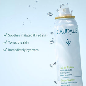Caudalie grape water spray closeup delivering fine mist for instant refresh