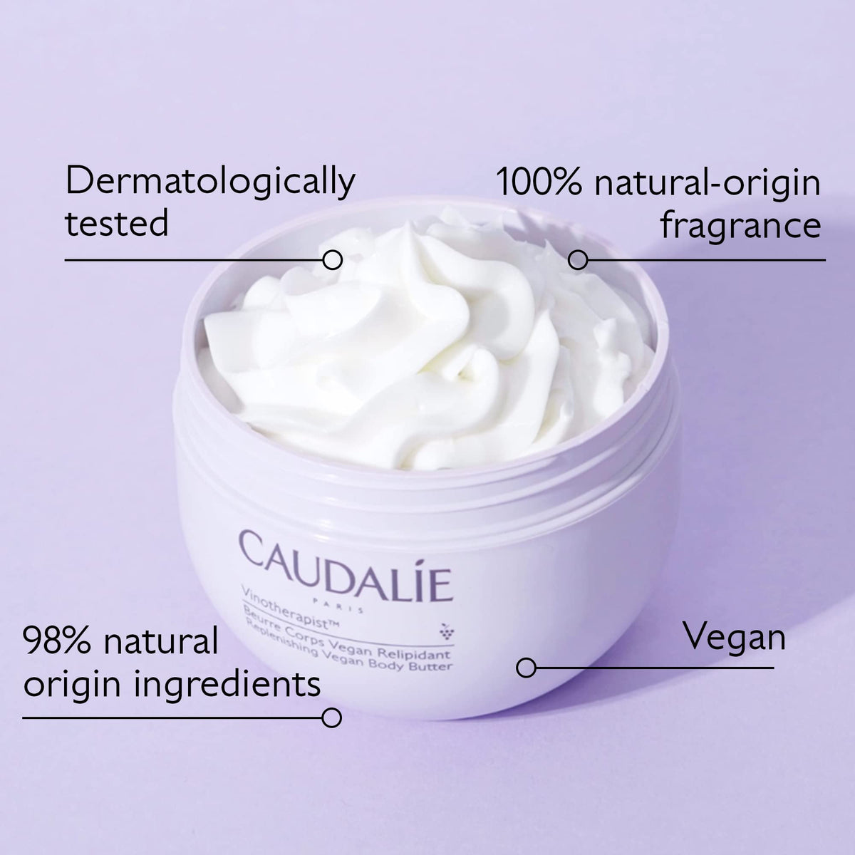Caudalie open jar with buttery balm ready to apply for immediate comfort