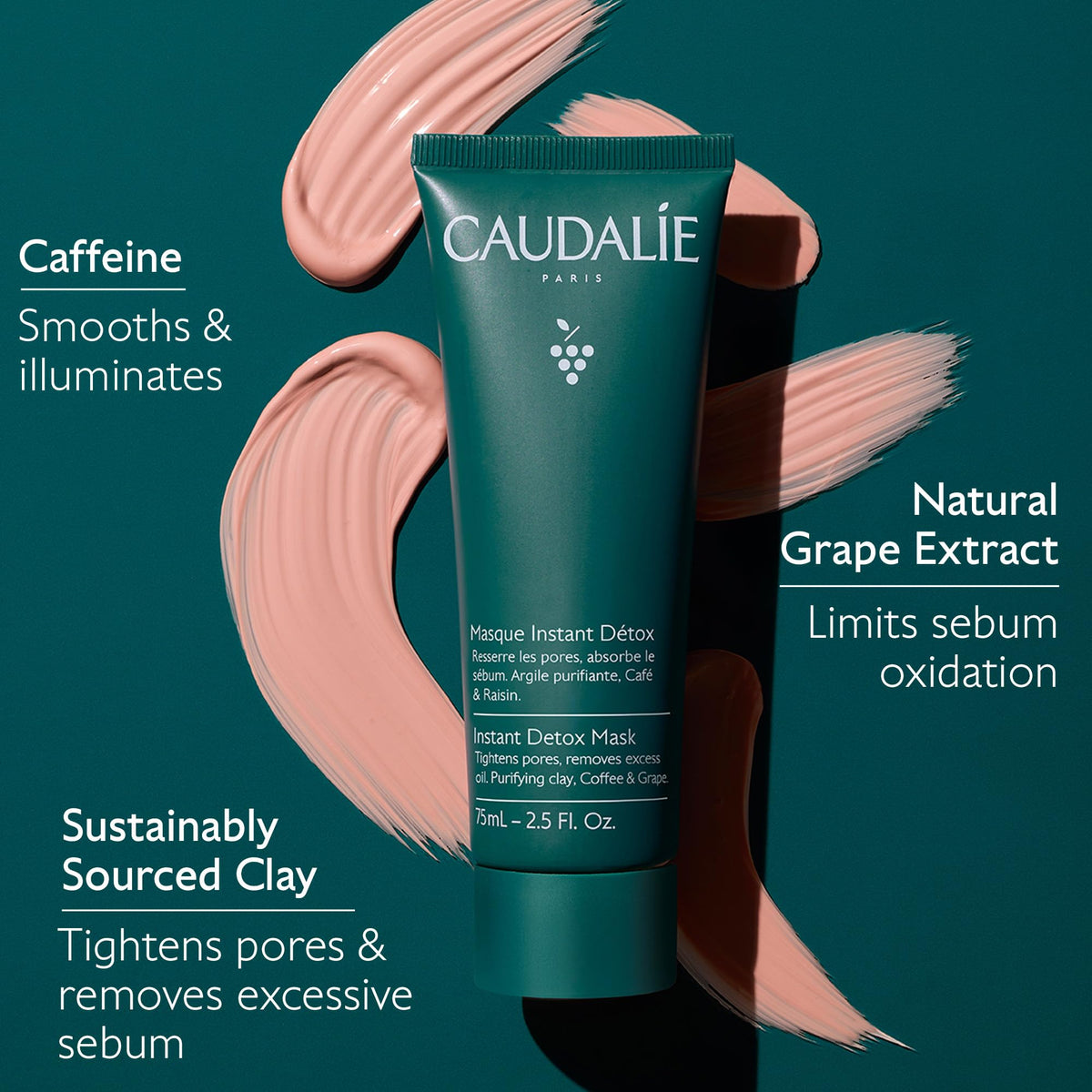 Caudalie open jar top view reveals creamy clay and consistency