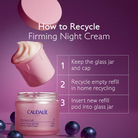 Caudalie jar with refill insertion illustrating simple refill step and sustainability