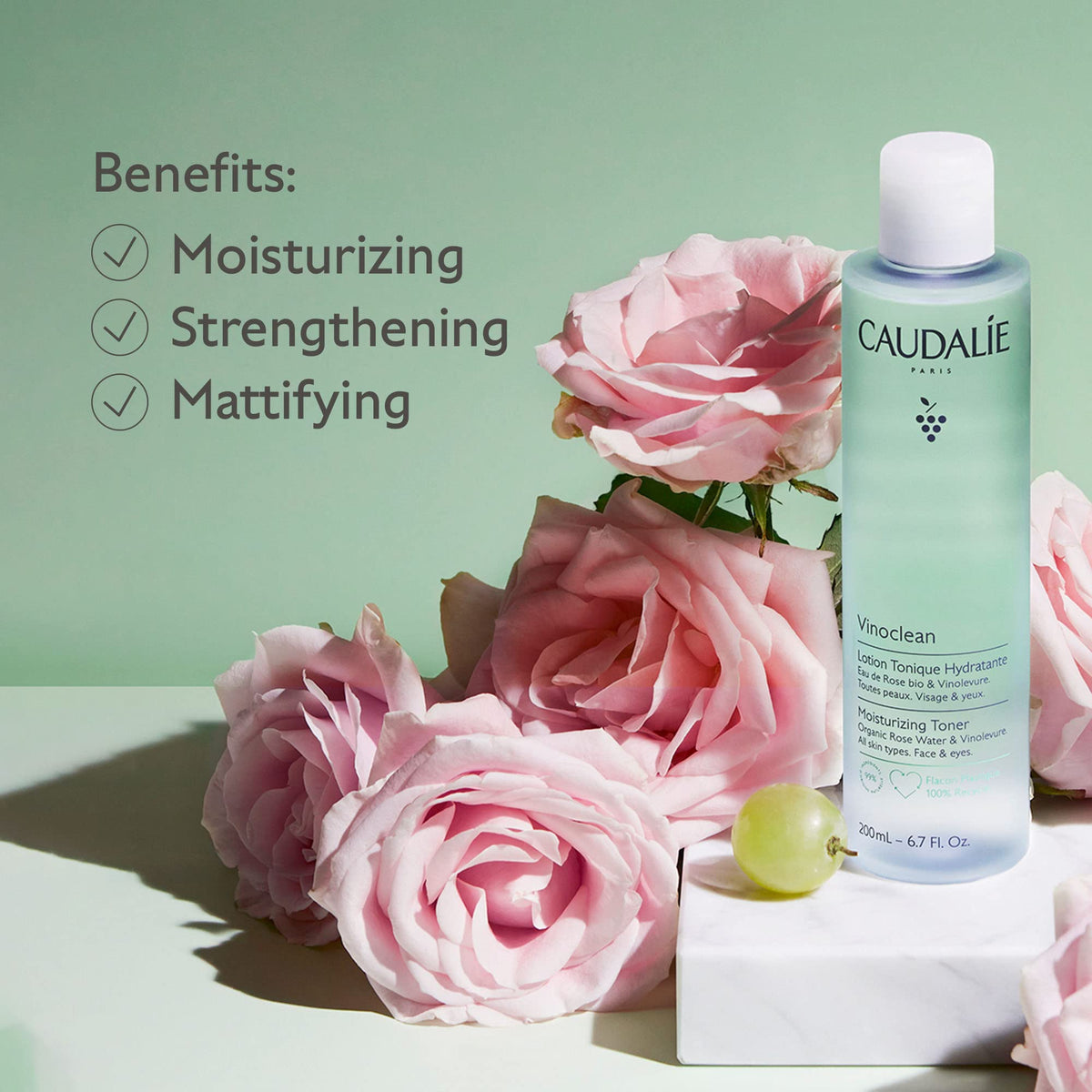 Caudalie rose water drops texture close-up highlighting gentle hydration