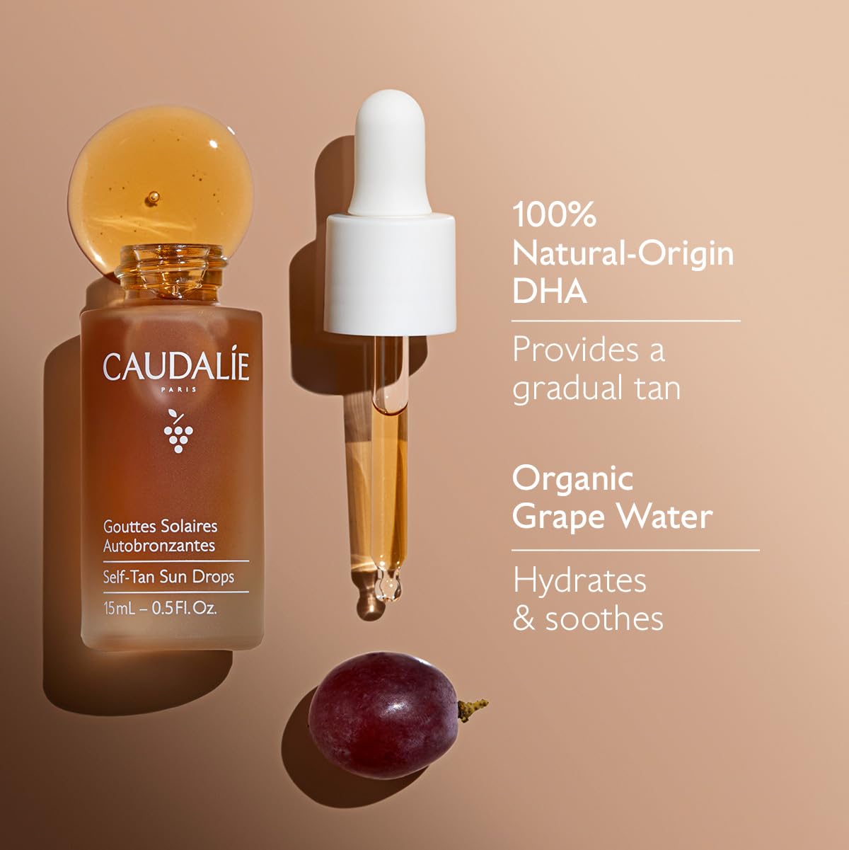15 mL bottle next to a coin showing Caudalie compact travel-friendly size