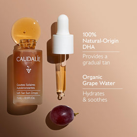 15 mL bottle next to a coin showing Caudalie compact travel-friendly size