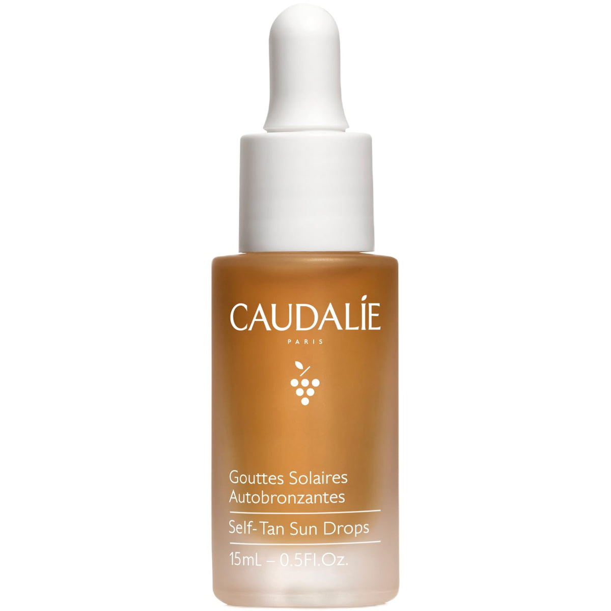 Caudalie bottle front view showcasing sun drops and packaging benefits
