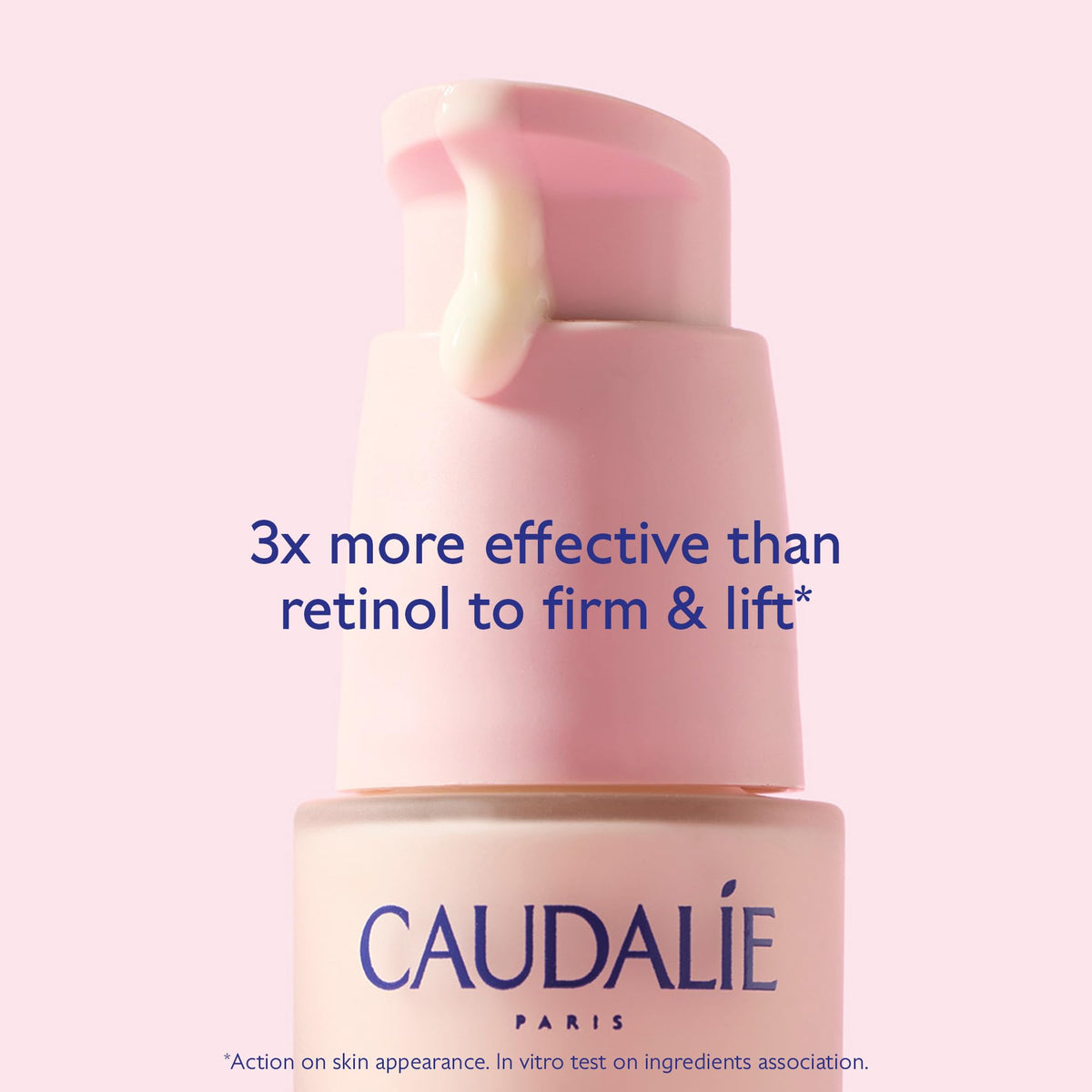 Caudalie pump dispenser close-up highlighting controlled application and convenience