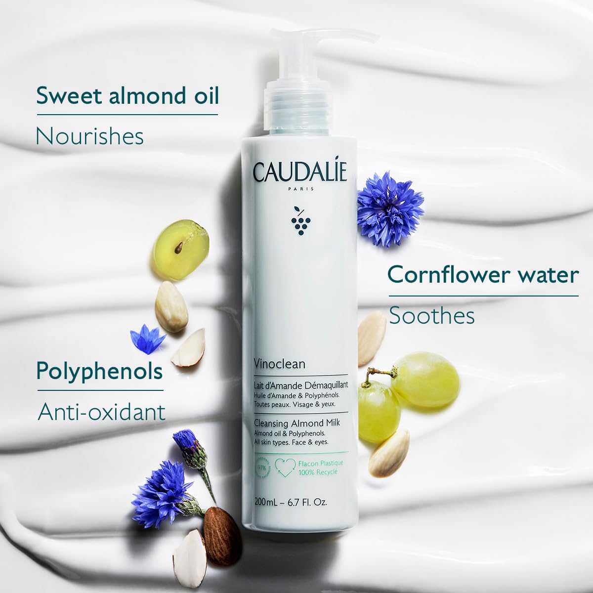 Close-up of milky texture showing Caudalie cleanser’s creamy, hydrating feel