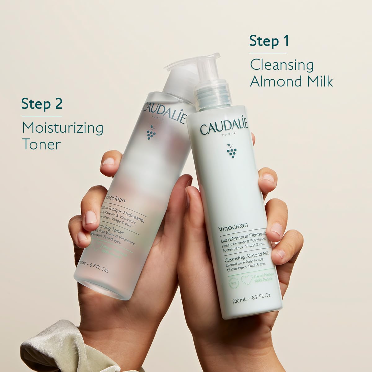Model applying Caudalie cleansing milk on dry face for gentle makeup removal