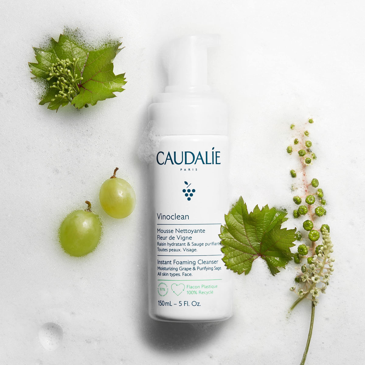Caudalie pump dispensing foam demonstrating easy, mess-free application benefit
