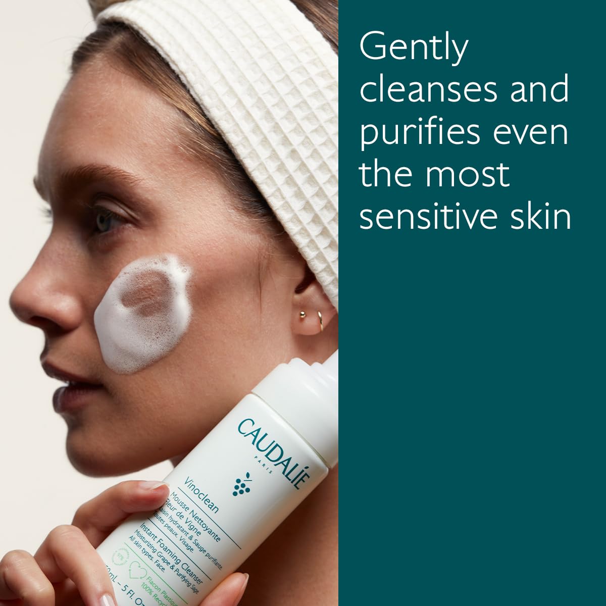 Caudalie Vinoclean foam texture close-up demonstrating soft, whipped cleansing foam