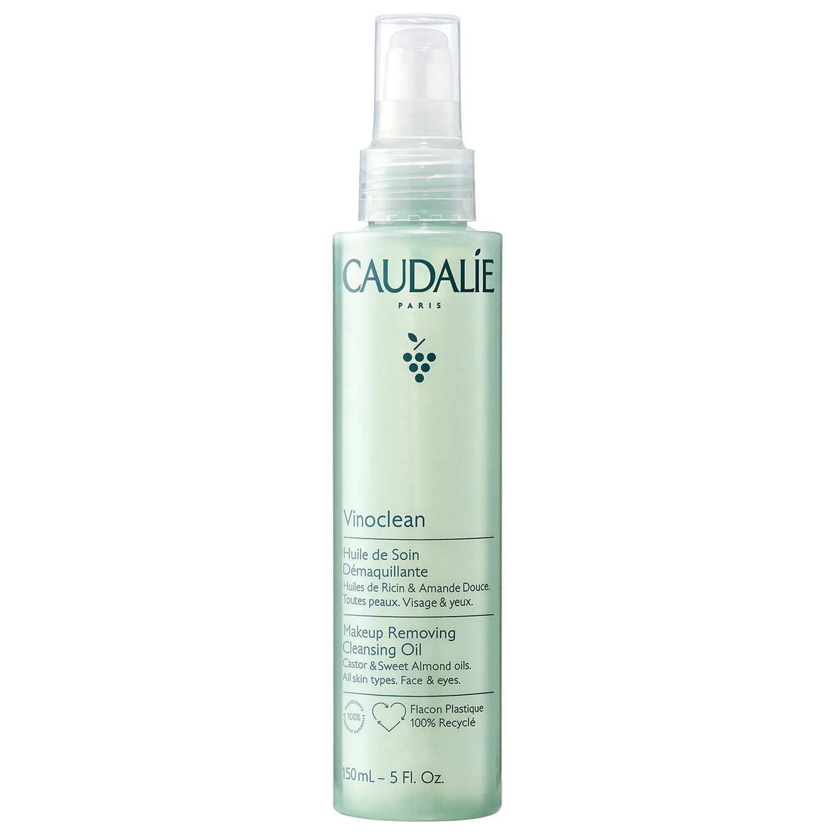 Caudalie front packaging showing Vinoclean cleansing oil bottle, clear labeling and volume