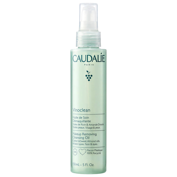 Caudalie front packaging showing Vinoclean cleansing oil bottle, clear labeling and volume
