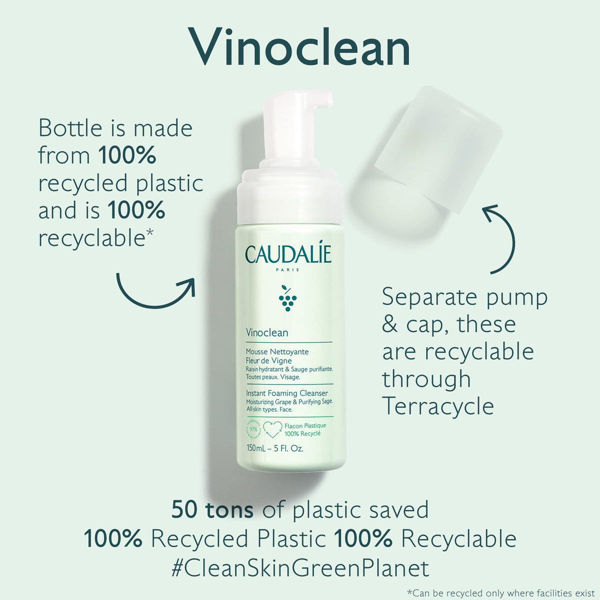 Caudalie bottle held for scale indicating compact 150 mL travel-friendly size