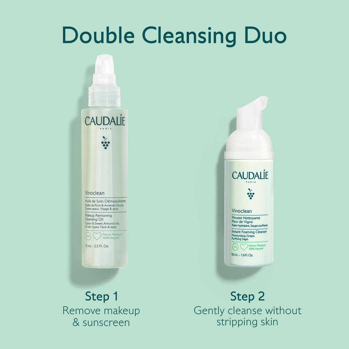 Caudalie Vinoclean texture close-up of cleansing oil and foam illustrating gentle melt-away
