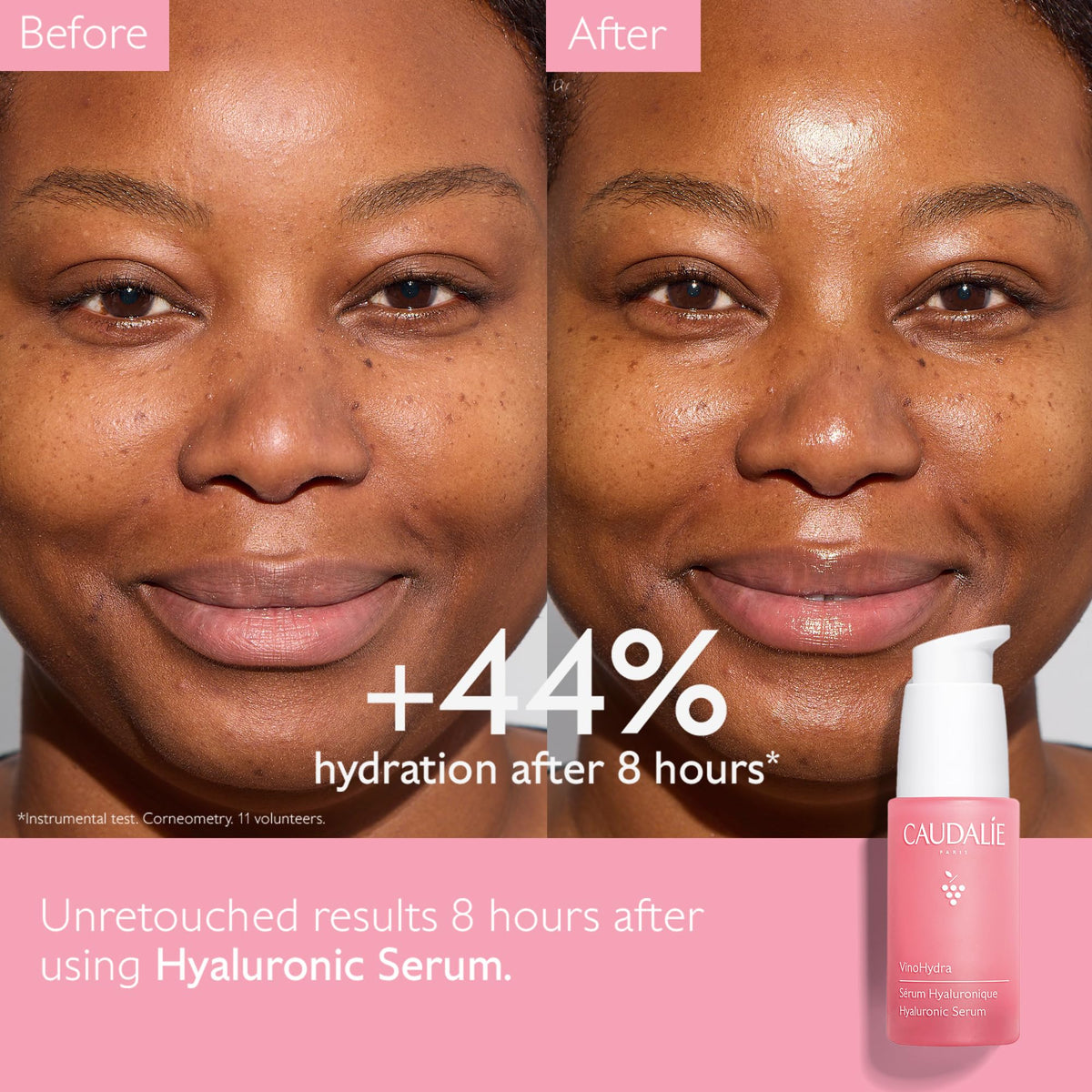 Caudalie serum texture closeup illustrating lightweight absorption and dewy finish