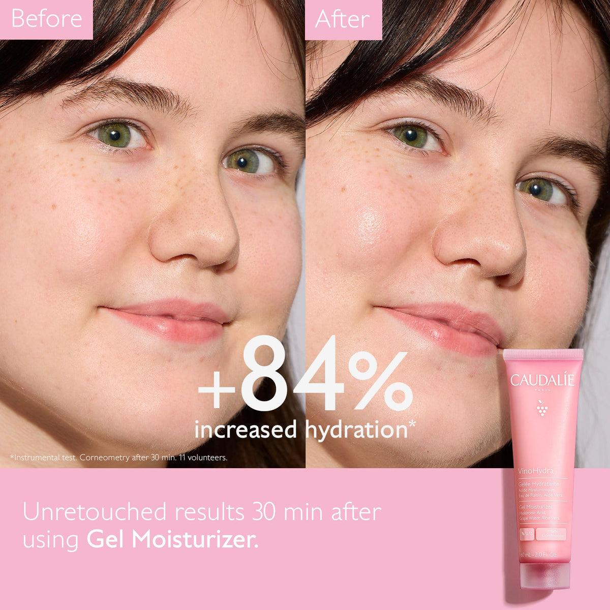 Caudalie gel texture swipe demonstrating smooth, hydrating finish and quick absorption