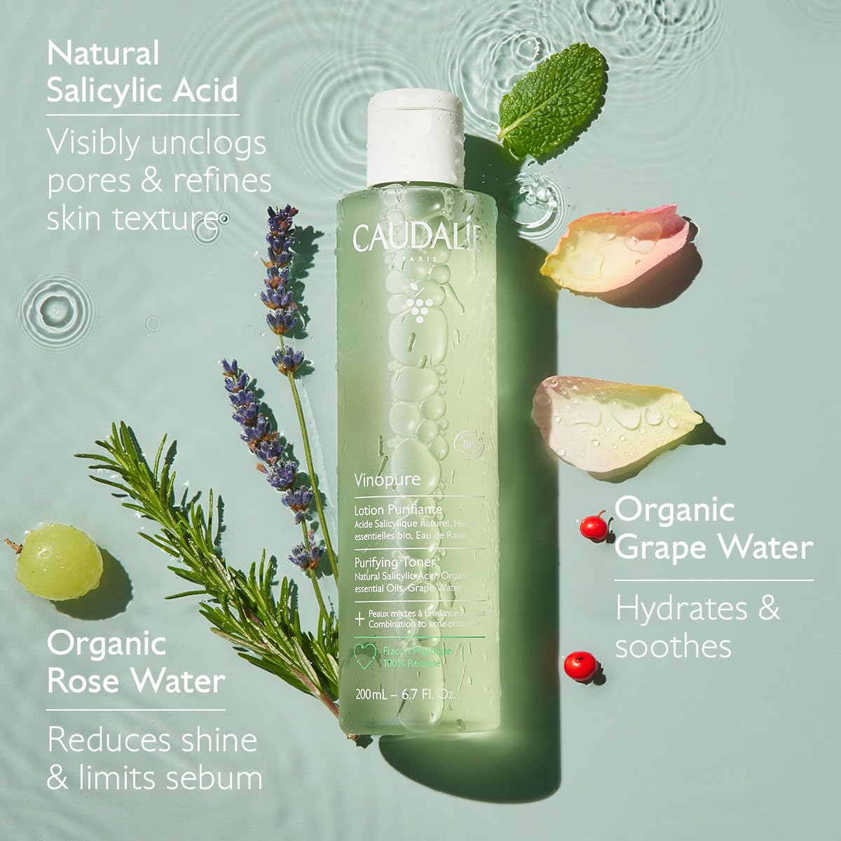 Close-up label of Caudalie Vinopure highlighting active ingredients and clear benefits