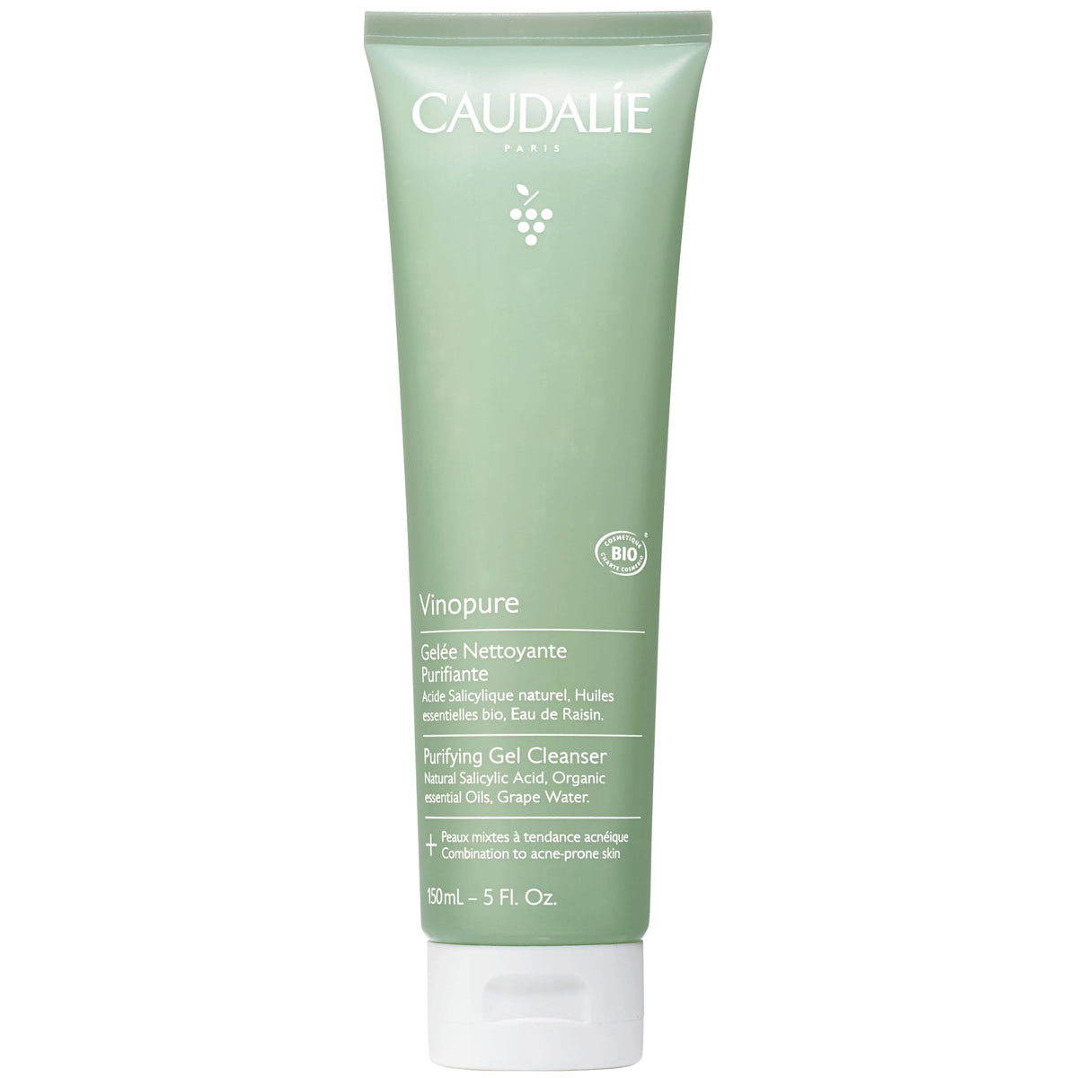 Caudalie front bottle shows cleanser packaging and easy recognition benefit