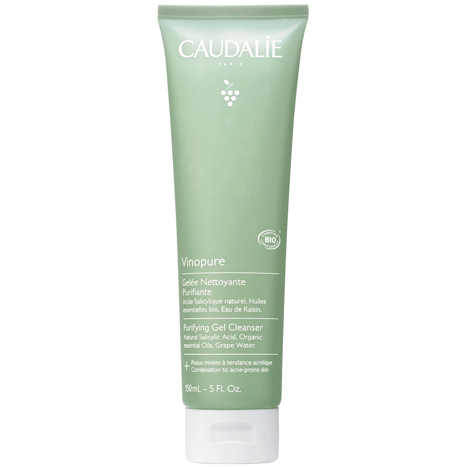 Caudalie front bottle shows cleanser packaging and easy recognition benefit