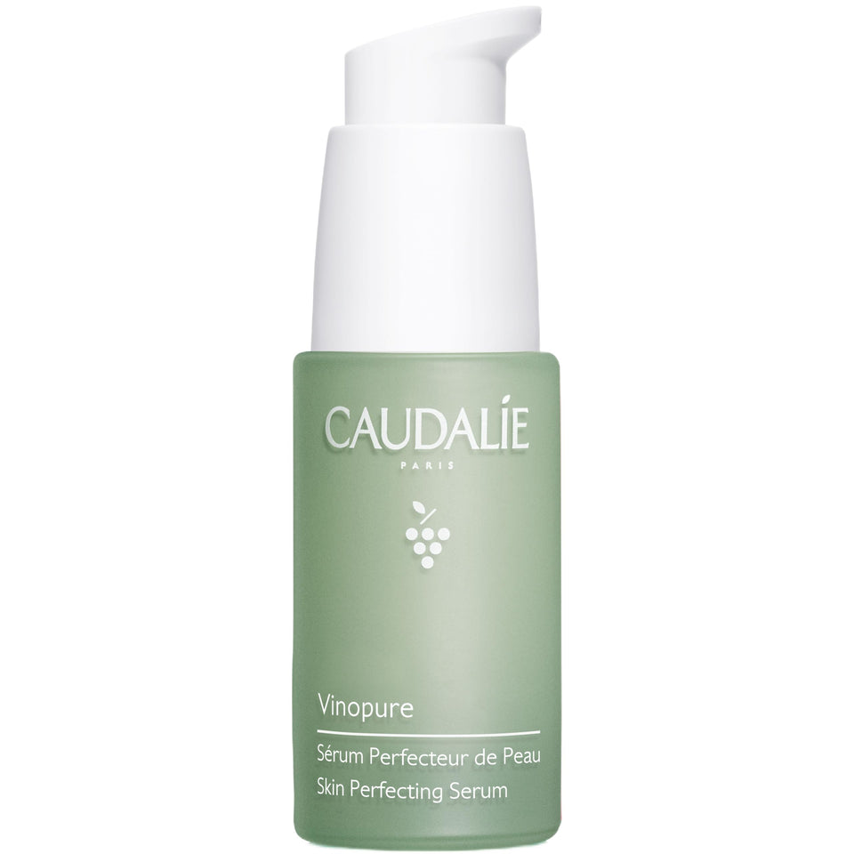 Caudalie bottle front view showing sleek packaging and clear serum benefit