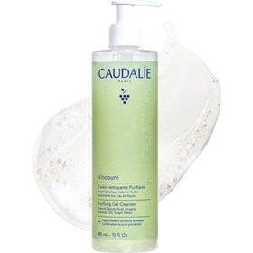 Caudalie Vinopure front packaging showing jumbo 385 mL bottle and clear labeling benefit