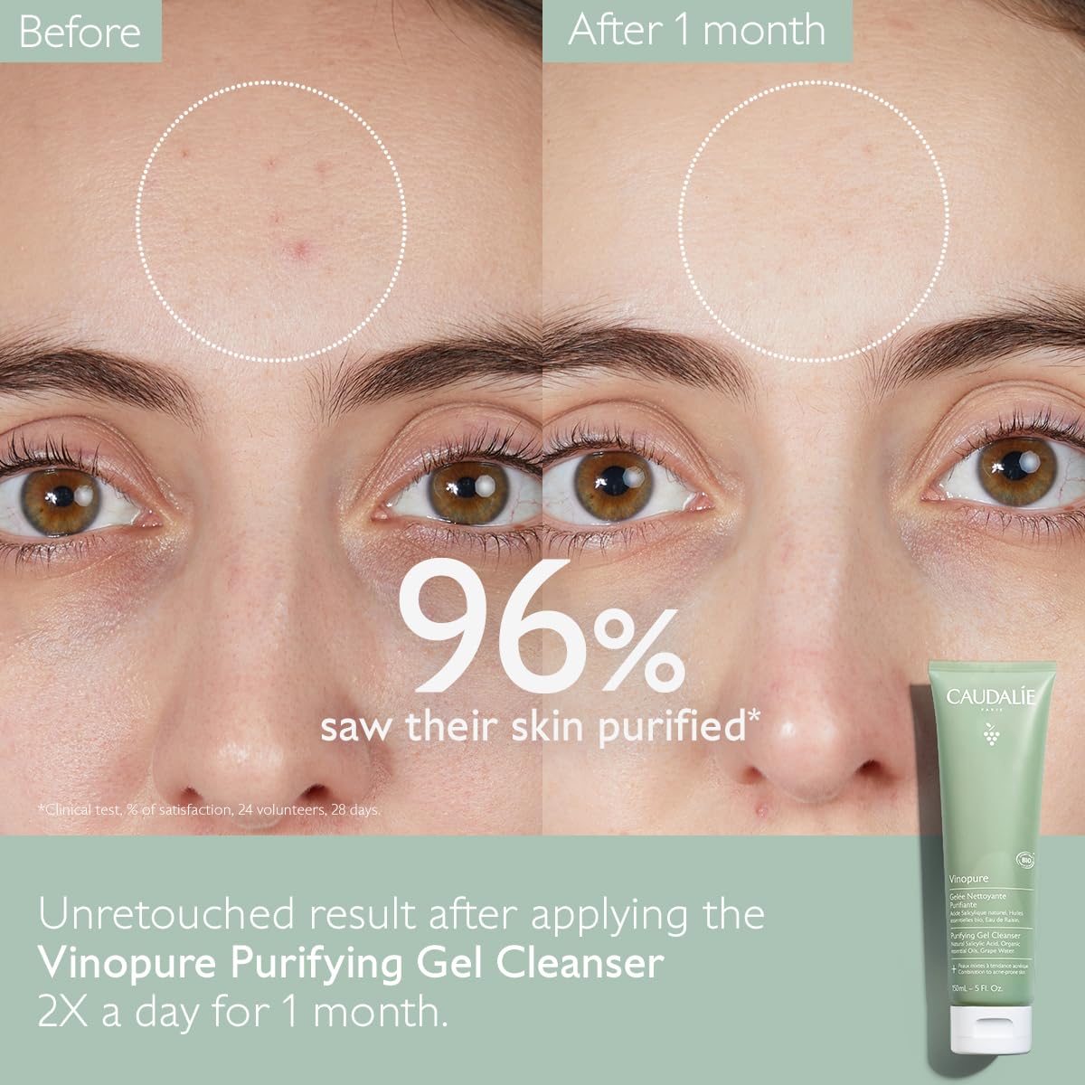 Caudalie gel texture close-up shows lightweight consistency for gentle cleansing