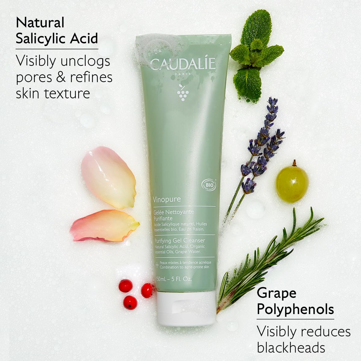 Caudalie grape water ingredient display conveys hydration benefit