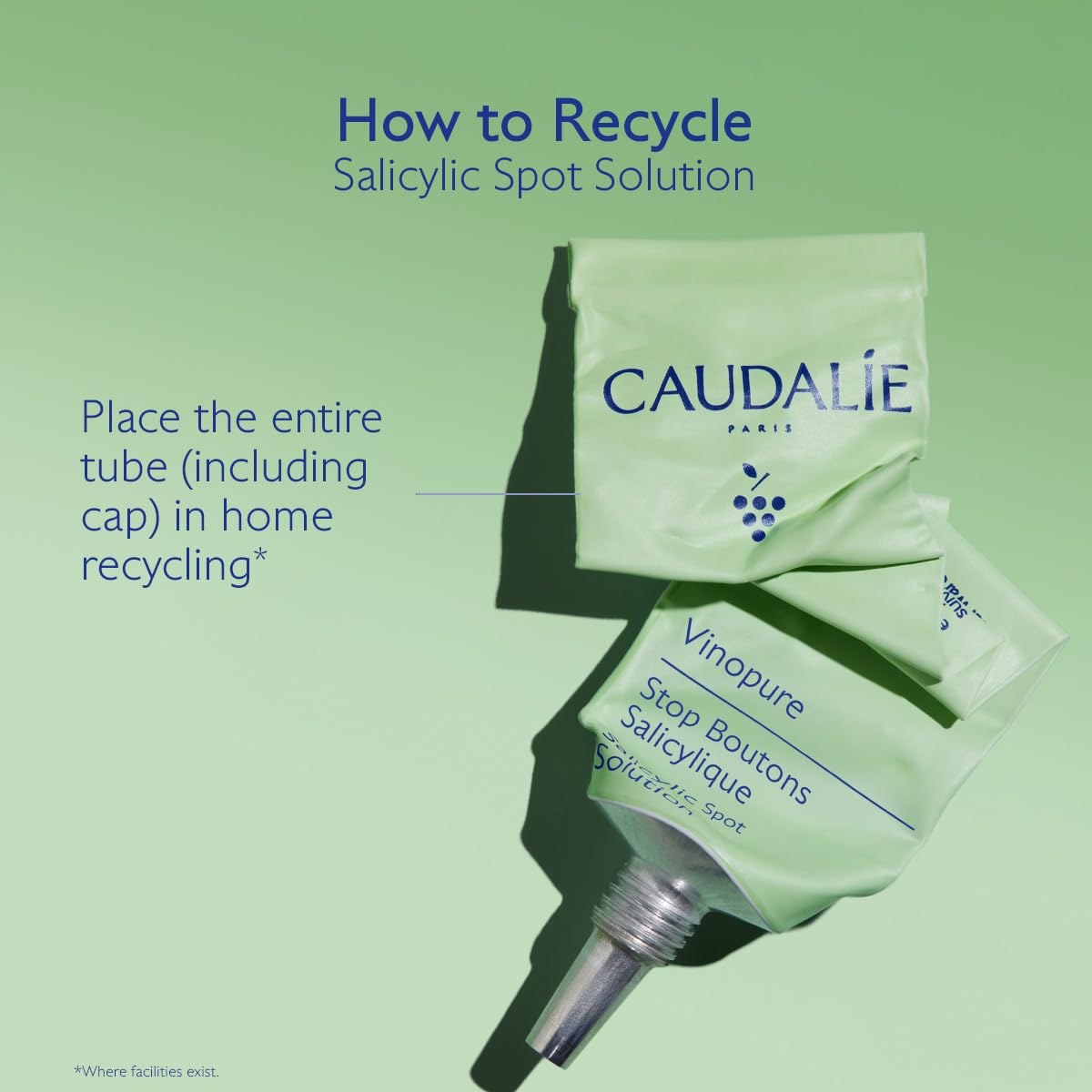 Caudalie Vinopure label detail listing salicylic acid niacinamide and tea tree benefits