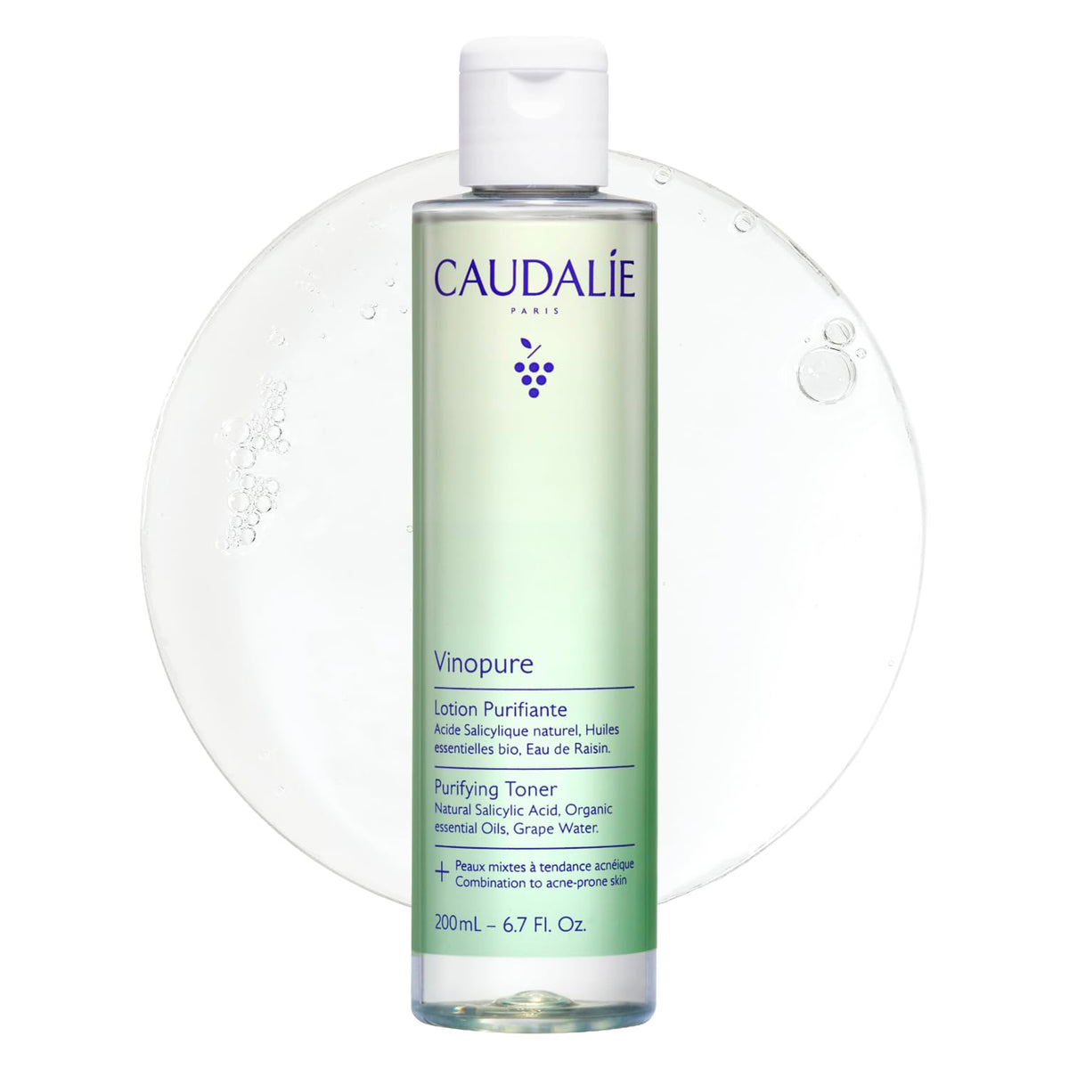 Caudalie front bottle view showing Vinopure toner and clear branding for clean pores
