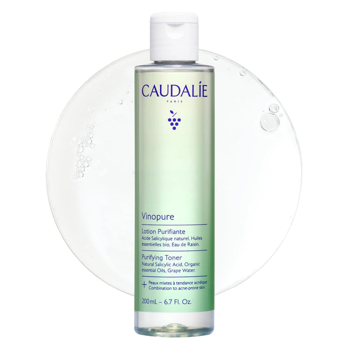 Caudalie front bottle view showing Vinopure toner and clear branding for clean pores