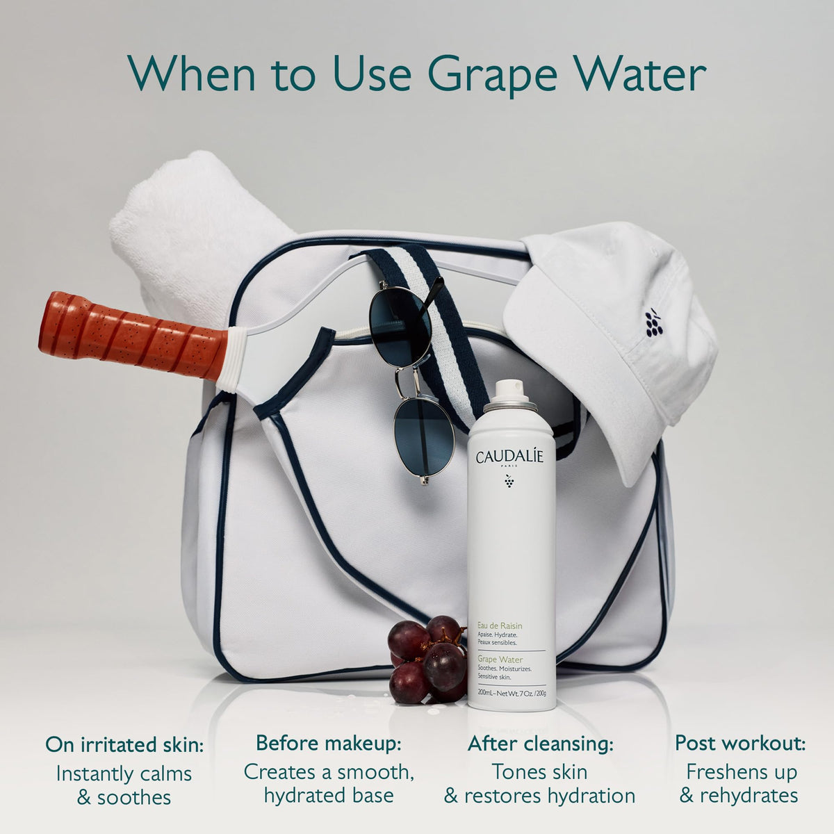 Caudalie in-use mist on face providing instant cooling and comfort