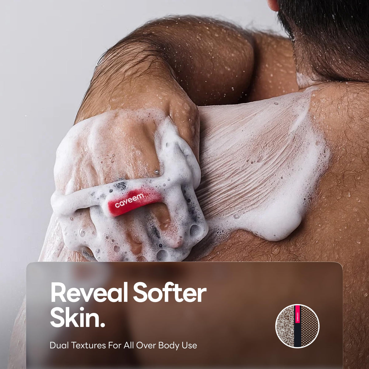 CAVEEM close-up of scrubber texture highlighting gentle exfoliation surface