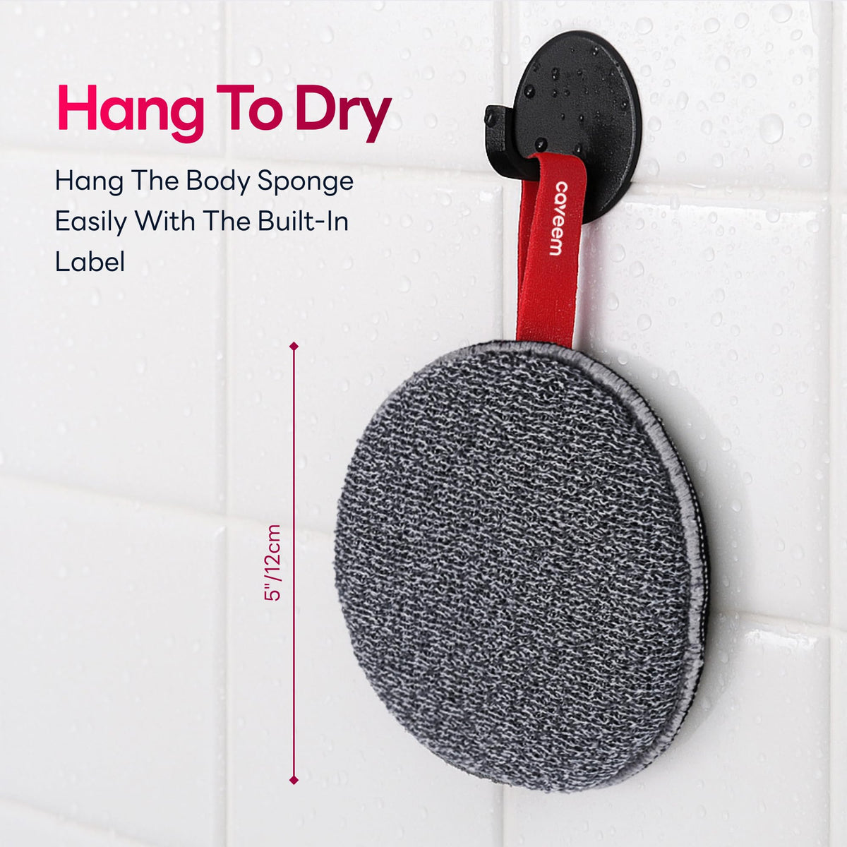 CAVEEM scrubber hanging on bathroom rail showing fast drying and hygiene benefit