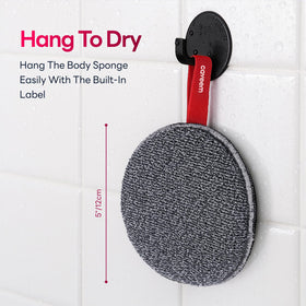 CAVEEM scrubber hanging on bathroom rail showing fast drying and hygiene benefit