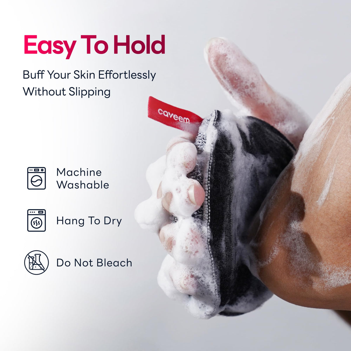CAVEEM scrubber in shower with soap lather showing effective cleansing action